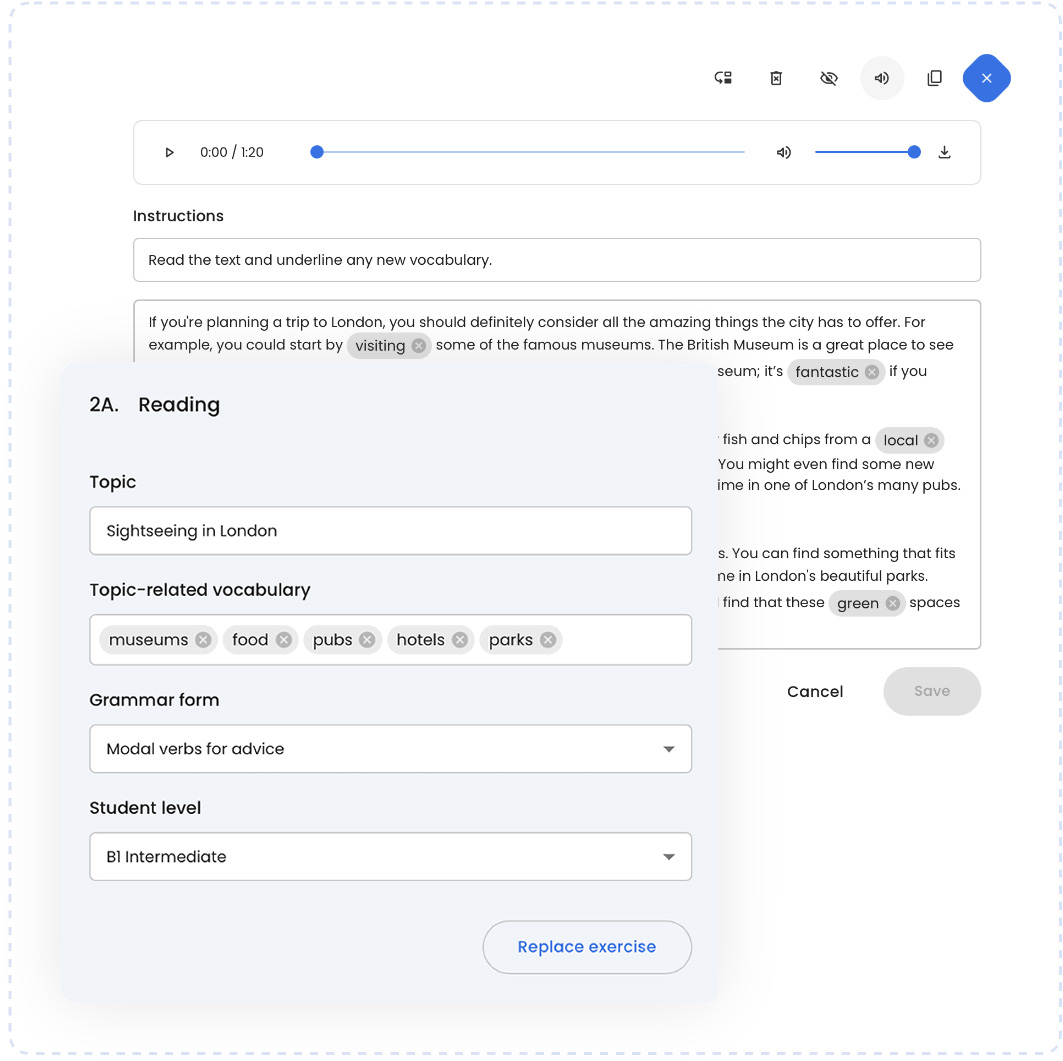 Illustration of the Teachly lesson editor customizing a Reading and Listening exercise.