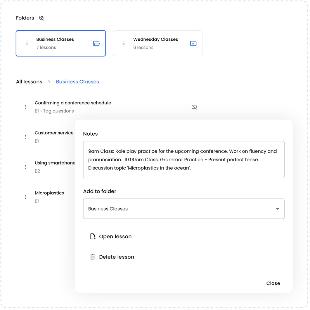 Illustration of the Lesson menu showing notes and an add-to-folder option.