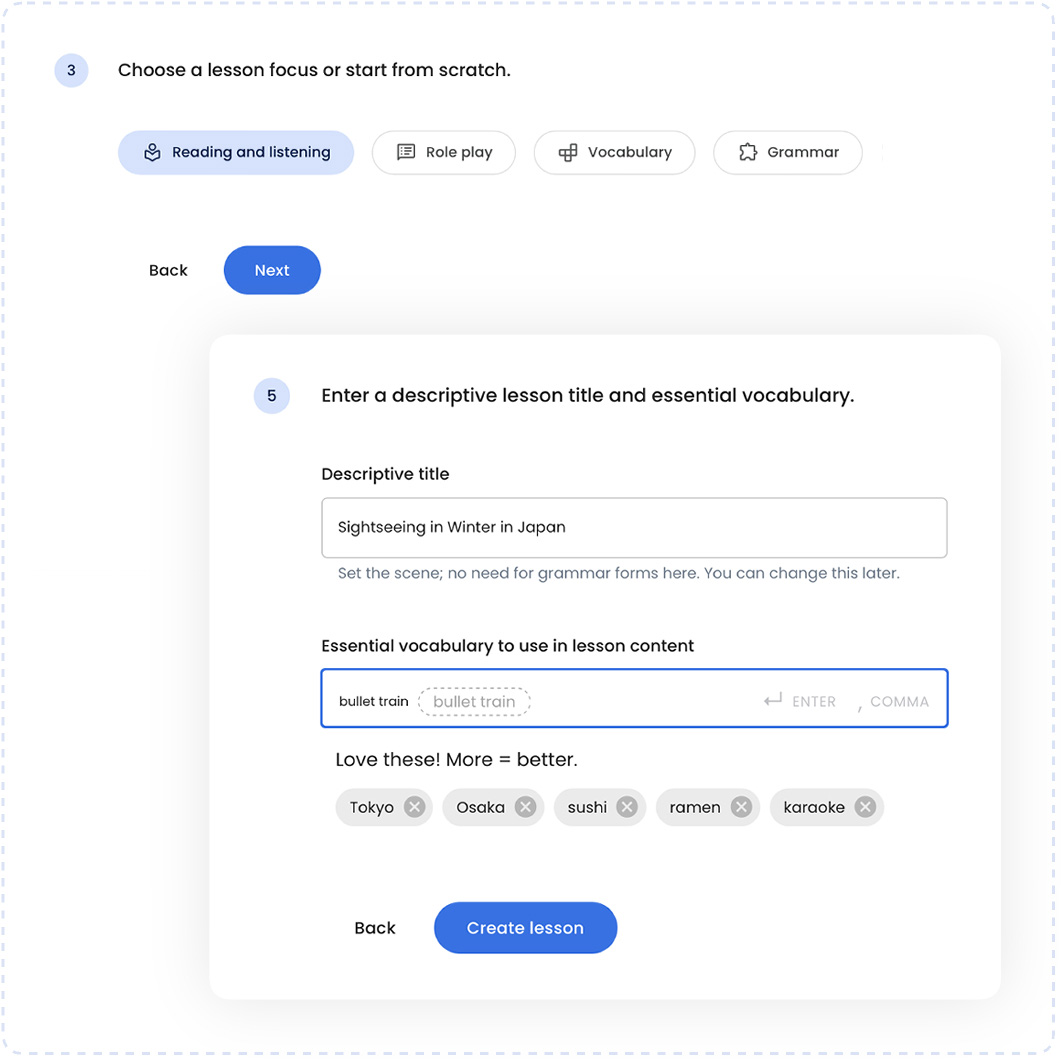 Illustration of Teachly’s lesson creator showing the title and essential vocabulary fields.